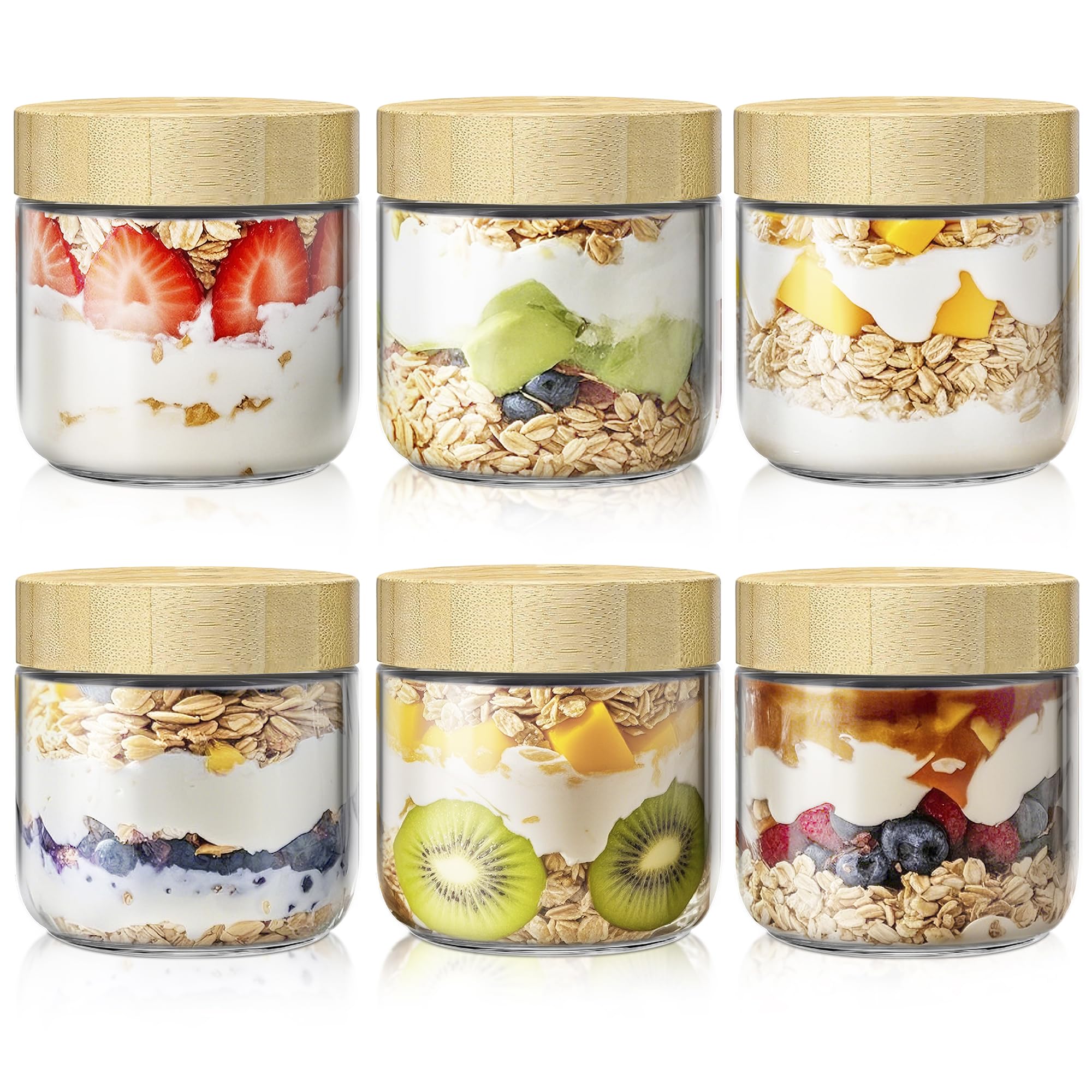 HomArtist 6-pack 10oz jars with bamboo lids ideal for overnight oats and meal prep.