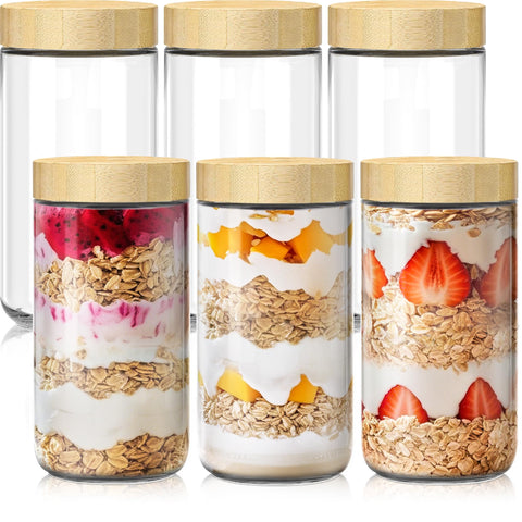 HomArtist 6-pack 24oz overnight oats containers with bamboo lids for meal prep on the go.