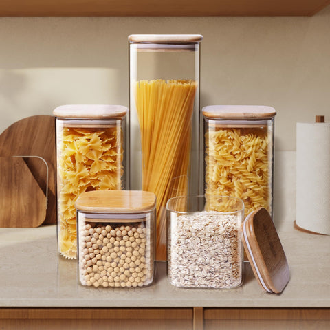HomArtist jars complement boho kitchen decor in cabinet or pantry.