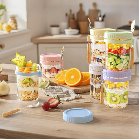 HomArtist crystal-clear jars show colorful layers of oats, yogurt, and fruit.