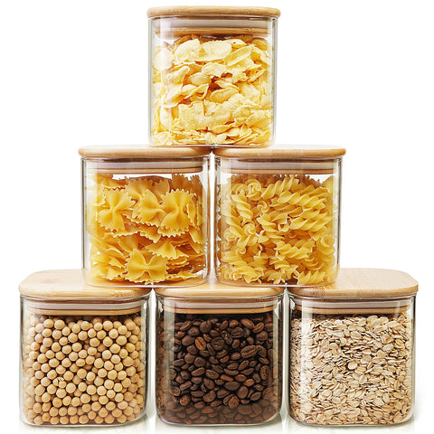 HomArtist square glass jars with bamboo lids offer clear 27oz storage for pantry organization.