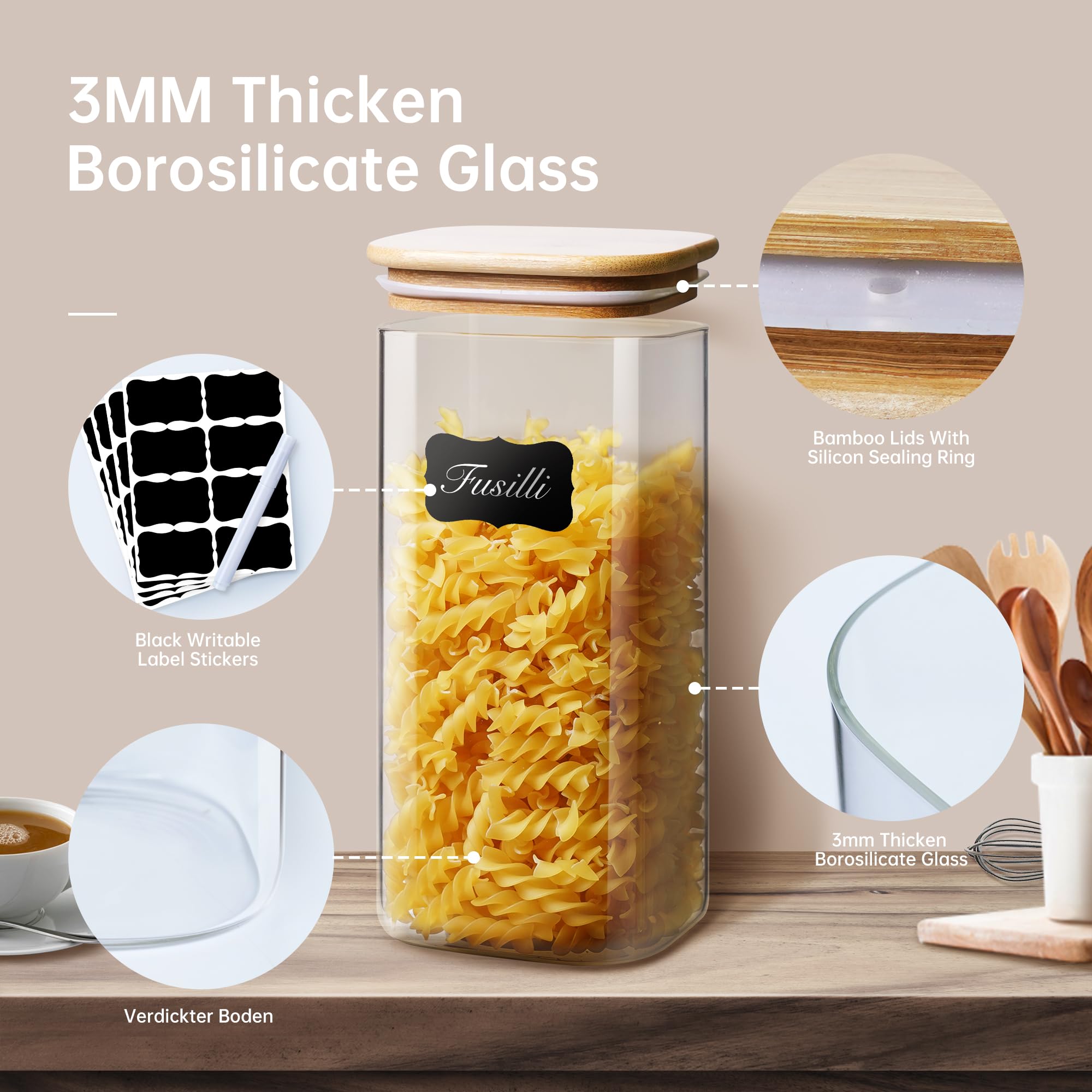 HomArtist 27oz square jar with bamboo lid for snacks and spices