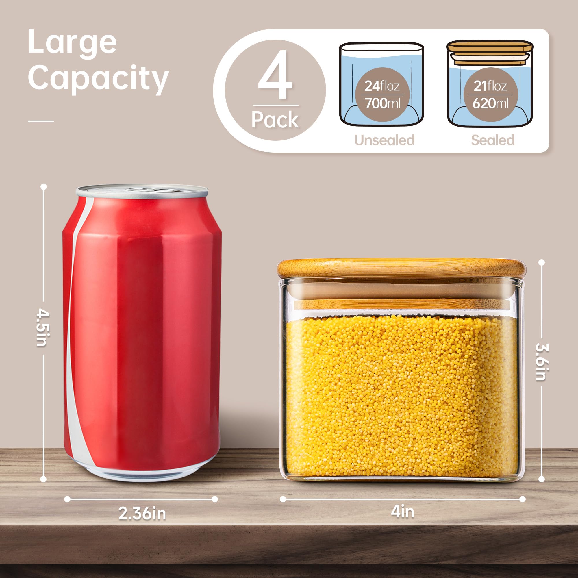 HomArtist square glass jar wide mouth for easy filling and refilling ingredients.