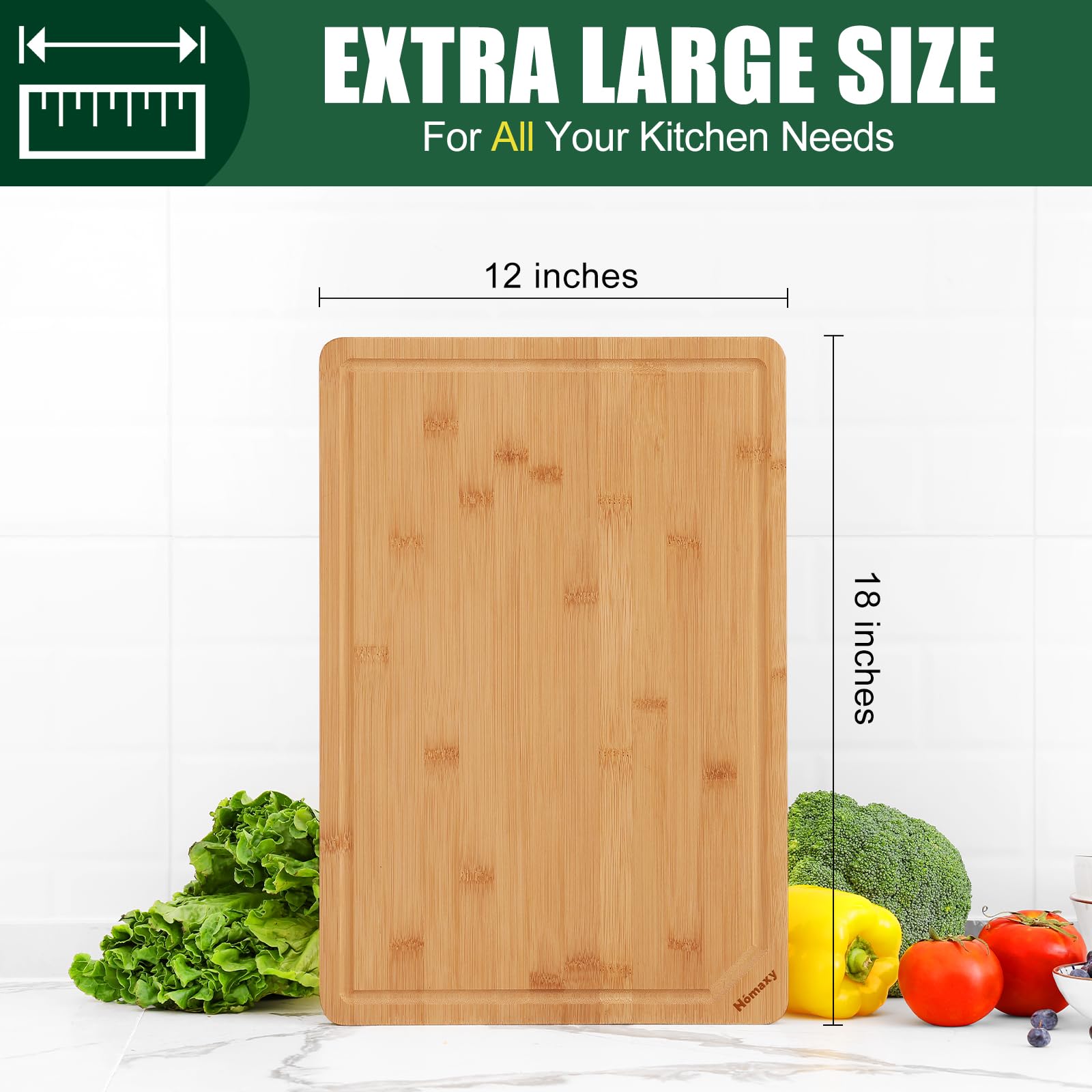 Homaxy bamboo cutting board showing juice groove for spills