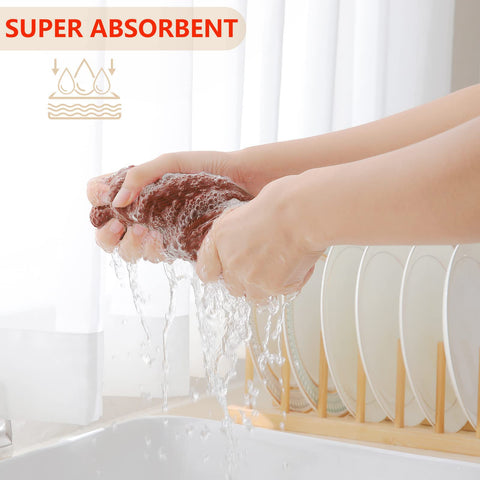 Homaxy dishcloth quick-dry performance shown on glassware and plates.