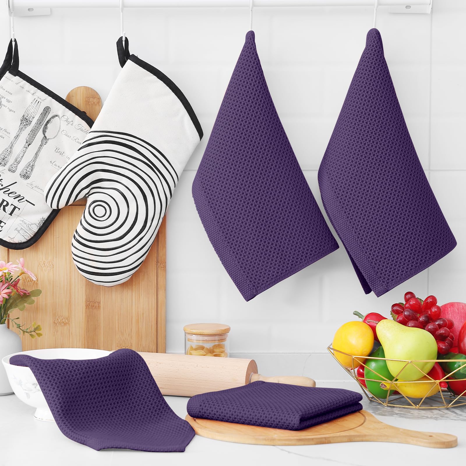 Homaxy eggplant waffle dishcloth in use for hand wiping and utensil cleaning