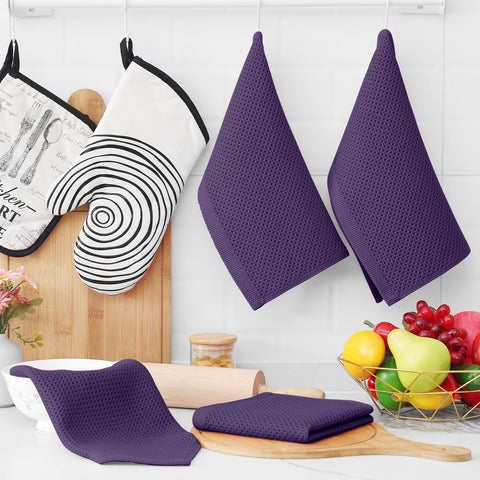 Homaxy eggplant waffle dishcloth in use for hand wiping and utensil cleaning