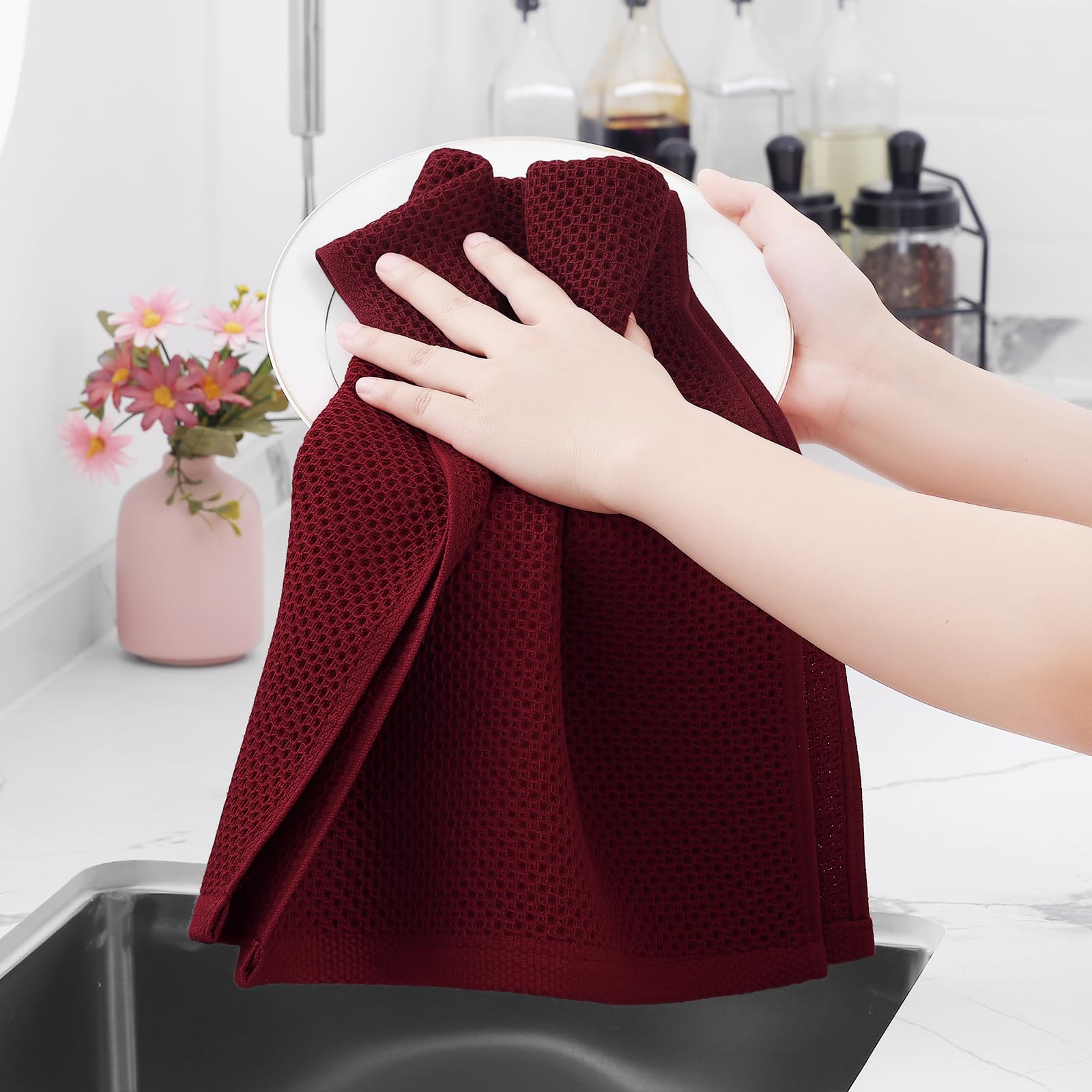 Homaxy four-pack cotton dishcloths in burgundy offer coordinated kitchen cleanup.