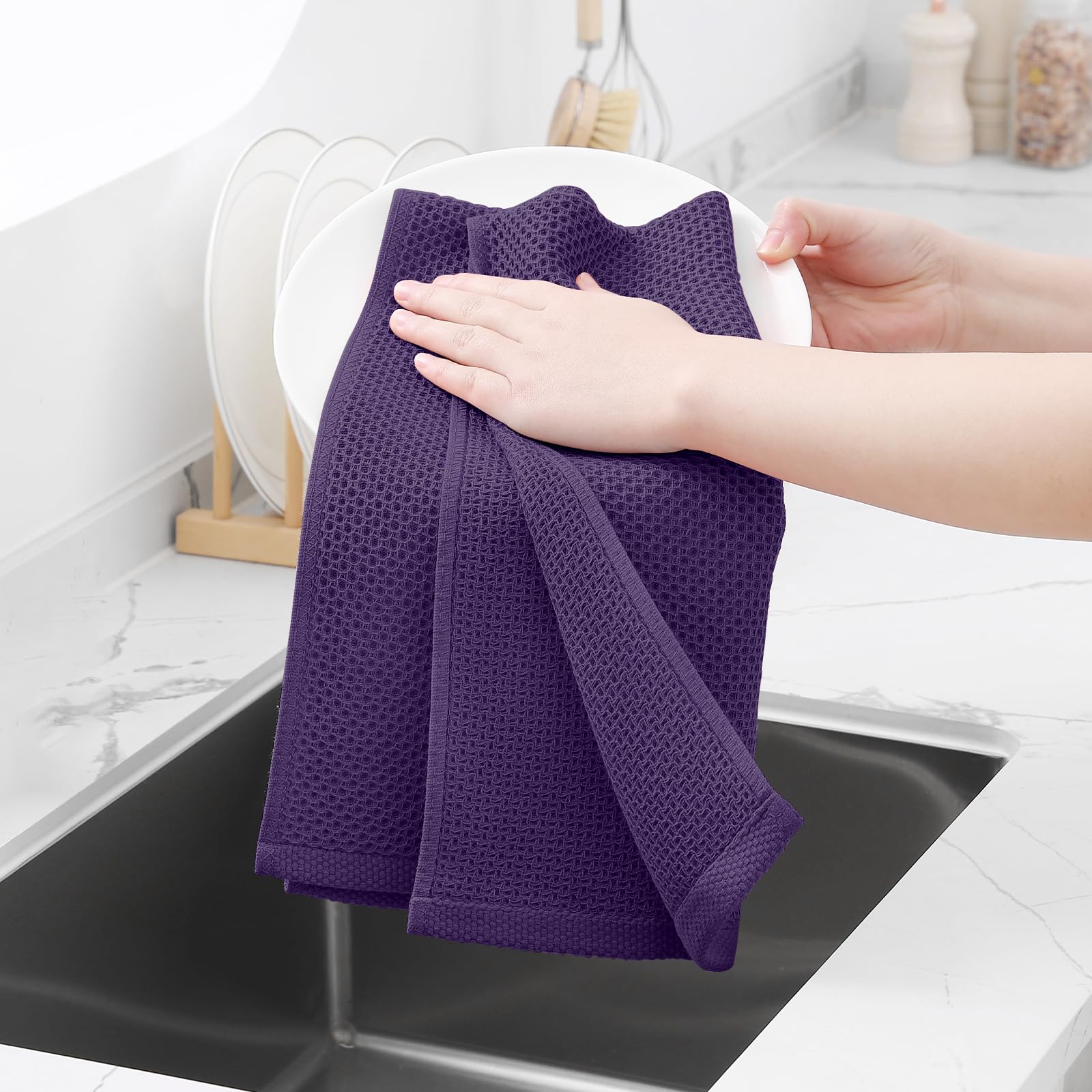 Homaxy eggplant dish towels measure 13 by 28 inches for versatile use.