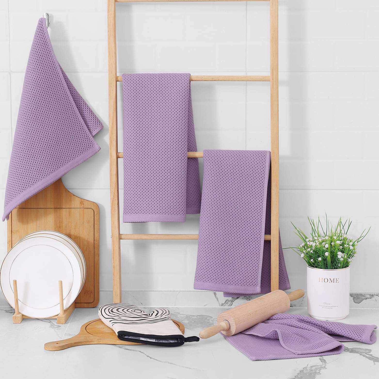 Homaxy lavender-dish towels displayed with pots and pans in kitchen