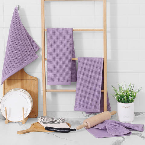 Homaxy lavender-dish towels displayed with pots and pans in kitchen