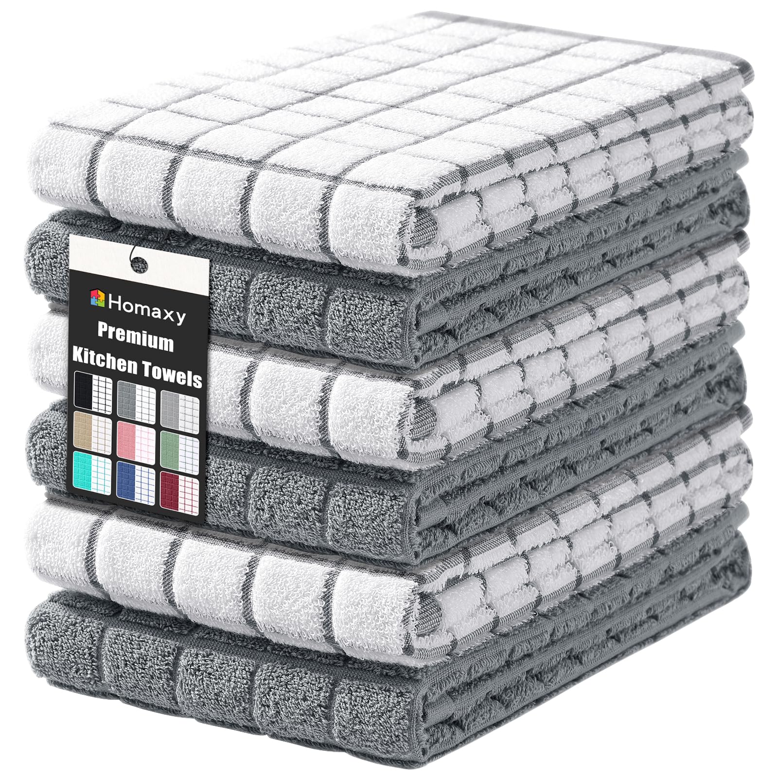 Homaxy premium cotton kitchen towels in grey check, ideal for quick dish drying