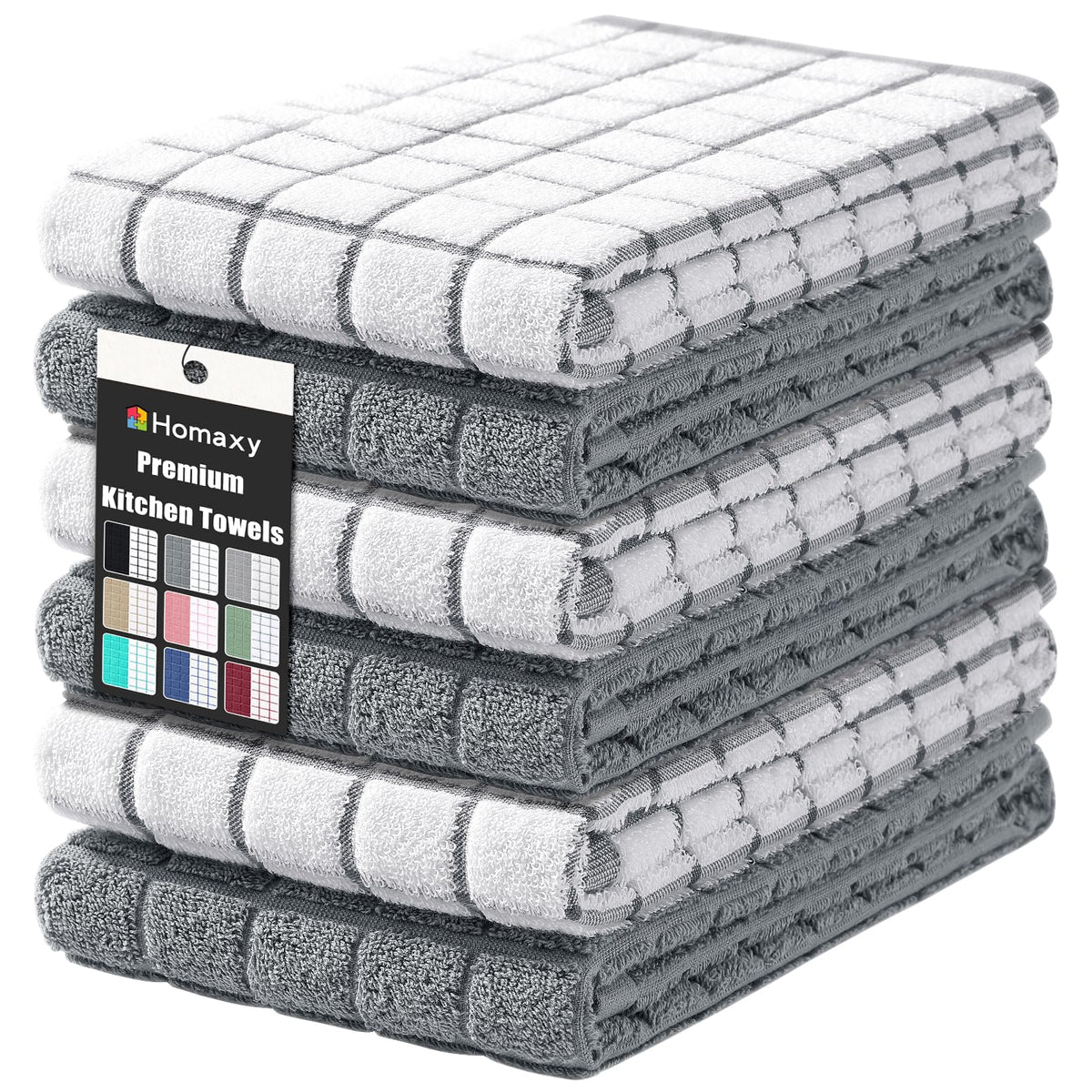 Homaxy premium cotton kitchen towels in grey check, ideal for quick dish drying