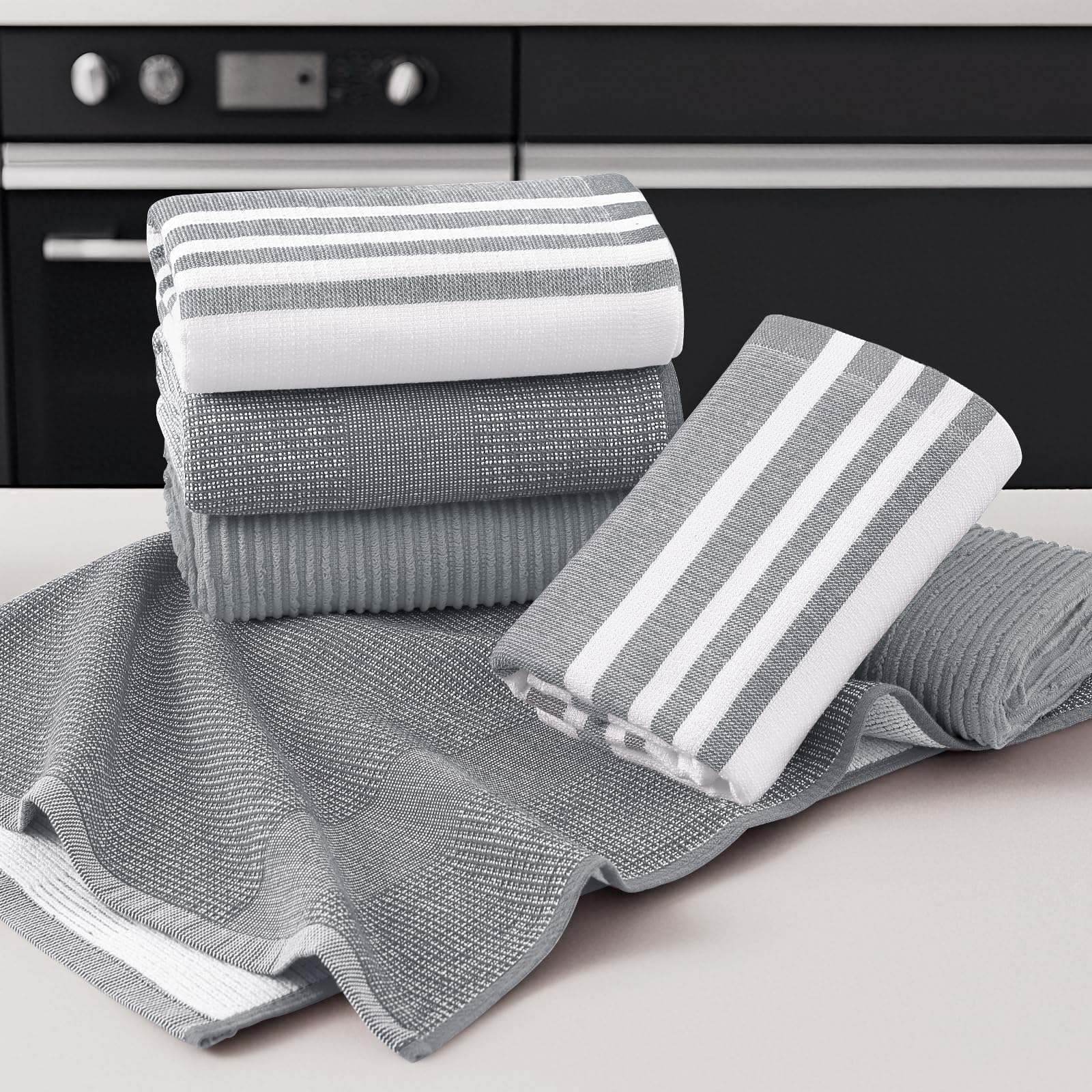 Homaxy Premium Kitchen Towels measure 18x28 inches for broad drying surfaces.