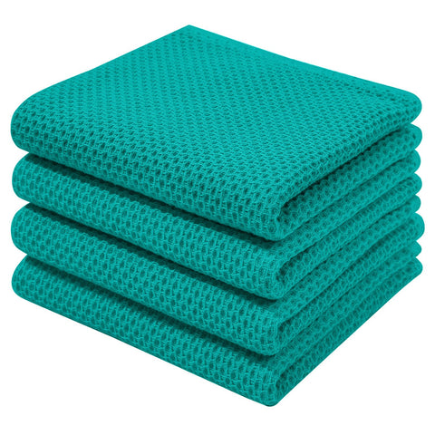 Homaxy teal waffle dish towels close-up, soft texture for gentle cleaning of delicate surfaces
