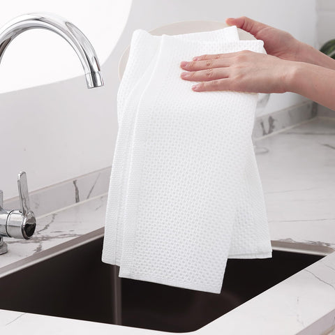 Homaxy dish towels in use for wiping counters and drying dishes.