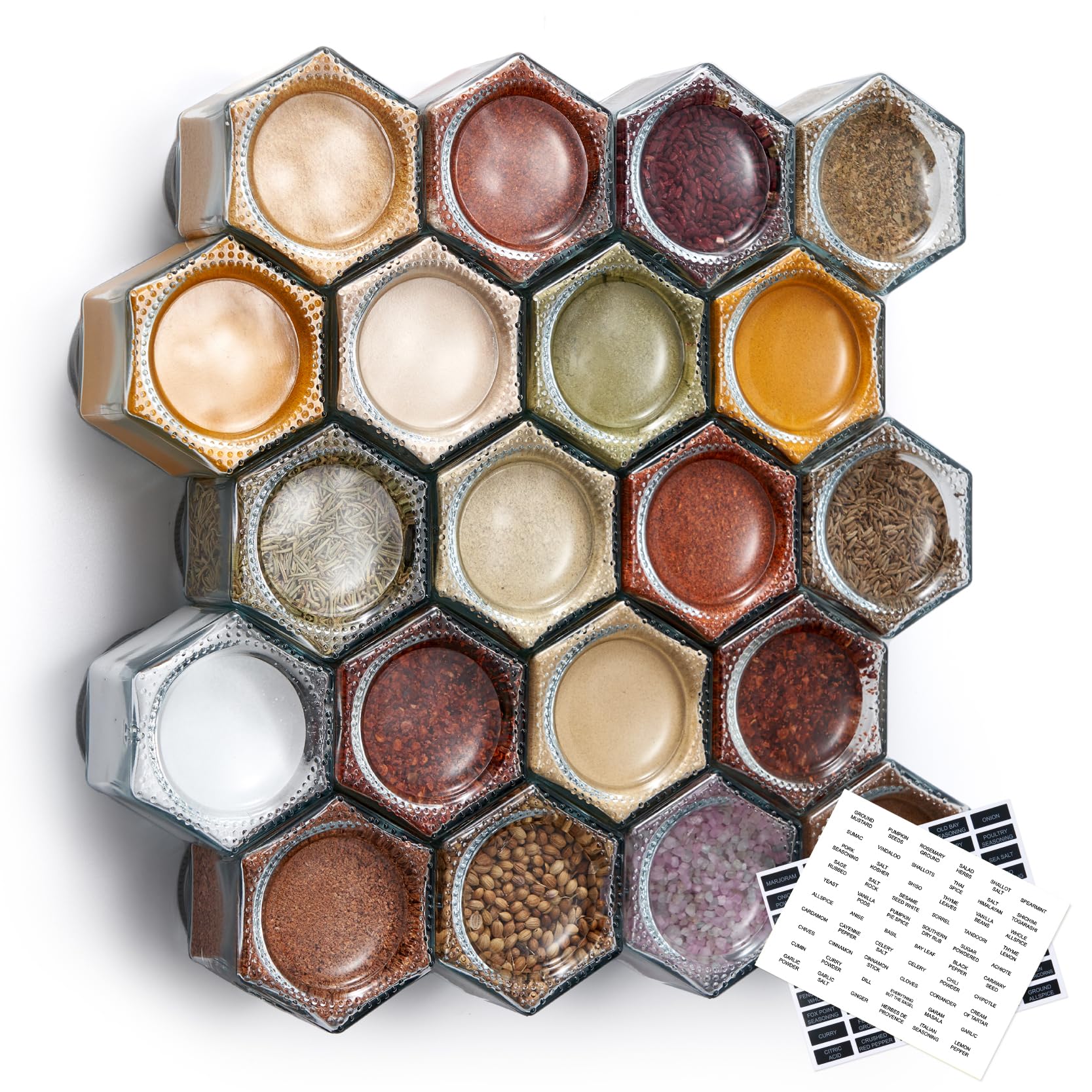 Homazing hexagon spice jars on the fridge for quick, visible flavor access