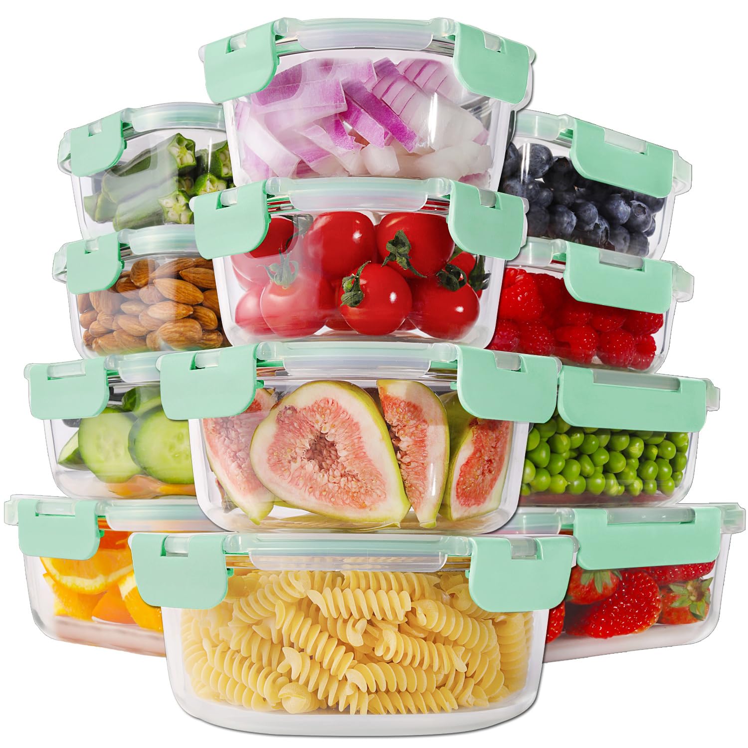 HOMBERKING 24pc glass storage set with clear borosilicate containers for pantry organization.