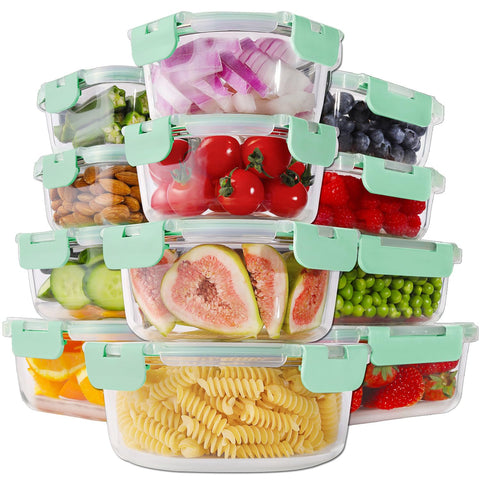 HOMBERKING 24pc glass storage set with clear borosilicate containers for pantry organization.