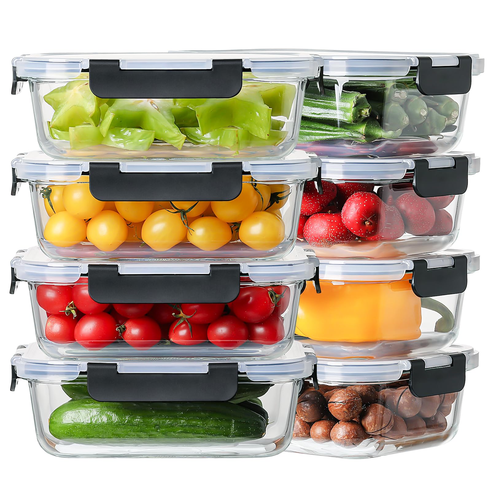 HOMBERKING 8-pack glass containers with 36 oz capacity ideal for meal prep and portioning.