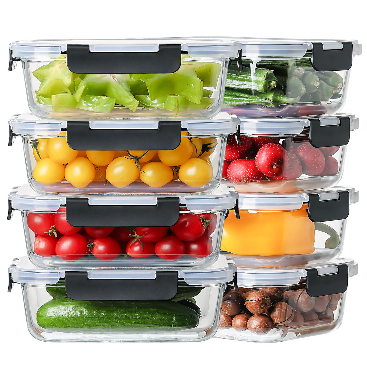 HOMBERKING 8-pack glass containers with 36 oz capacity ideal for meal prep and portioning.