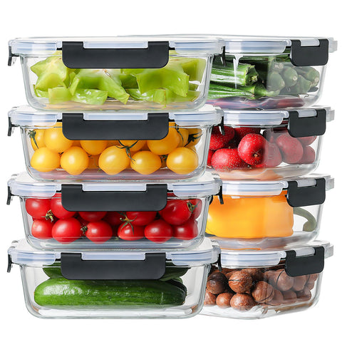 HOMBERKING 8-pack glass containers with 36 oz capacity ideal for meal prep and portioning.