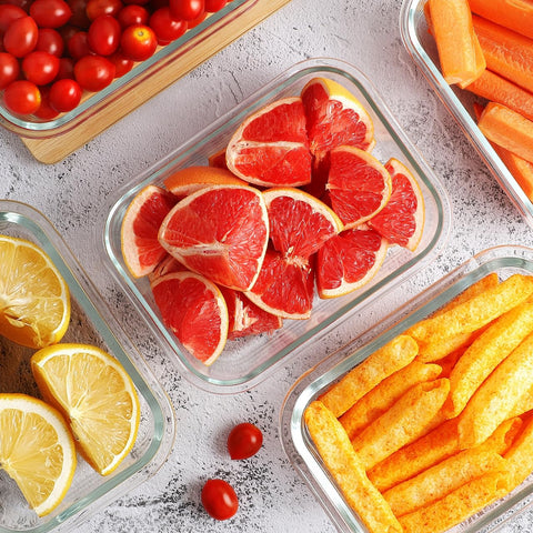 HOMBERKING stackable glass containers save space in cabinets and lunch bags.