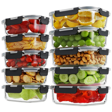 HOMBERKING 20-piece glass meal prep set with locking lids for fresh leftovers.