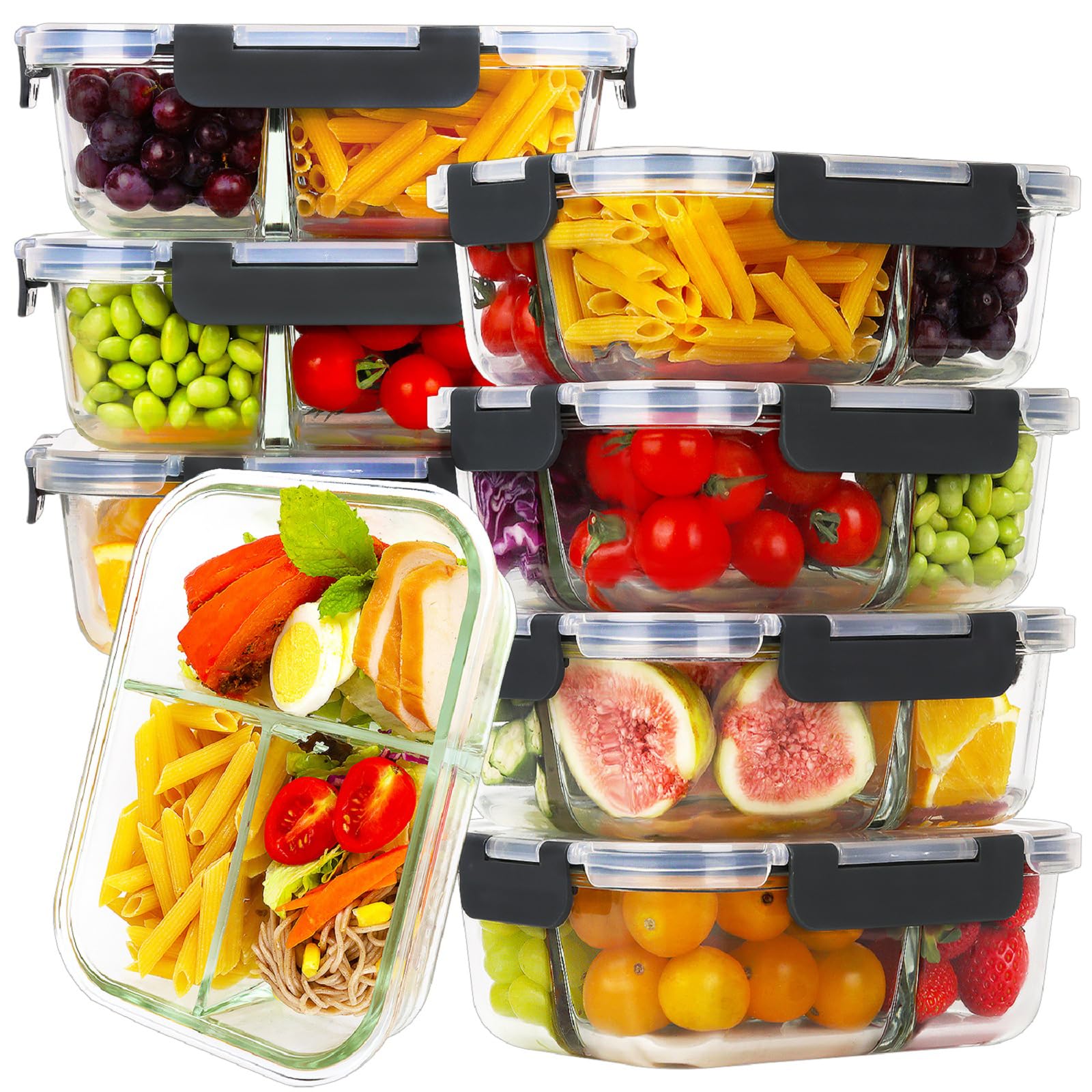 HOMBERKING 8-pack glass containers with three compartments for balanced meals