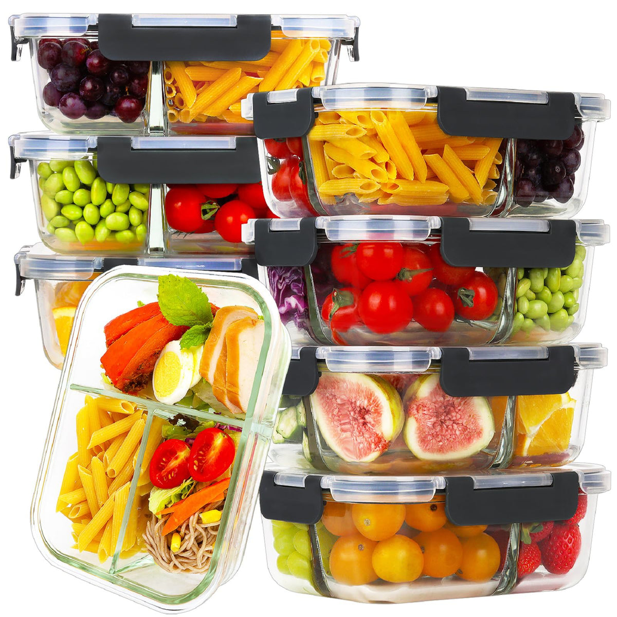 HOMBERKING 8-pack glass containers with three compartments for balanced meals