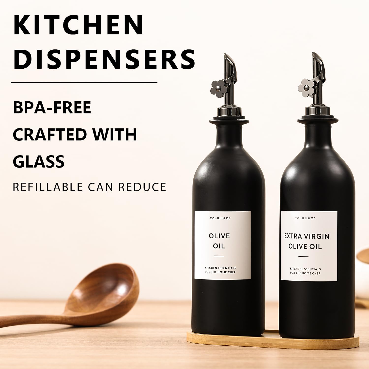 HOMCDALY two-pack black glass bottles resting on a natural bamboo tray.