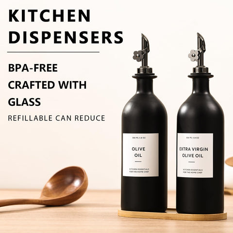 HOMCDALY two-pack black glass bottles resting on a natural bamboo tray.