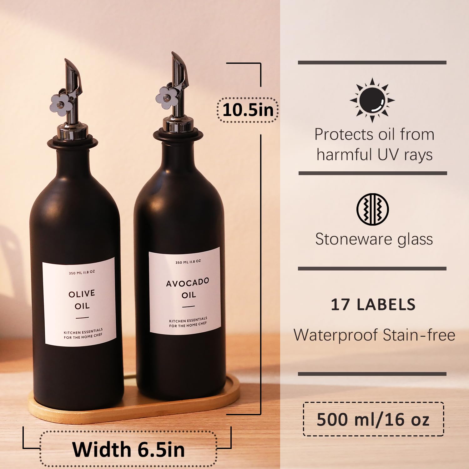HOMCDALY labels help distinguish olive oil and vinegar at a glance.