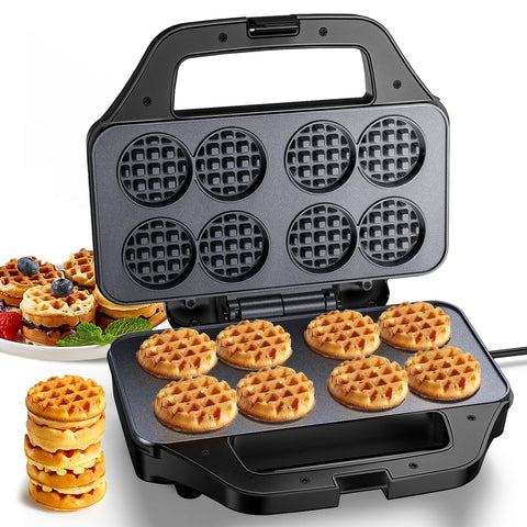 HomCozy Mini Waffle Maker producing eight bite-sized waffles for quick breakfasts