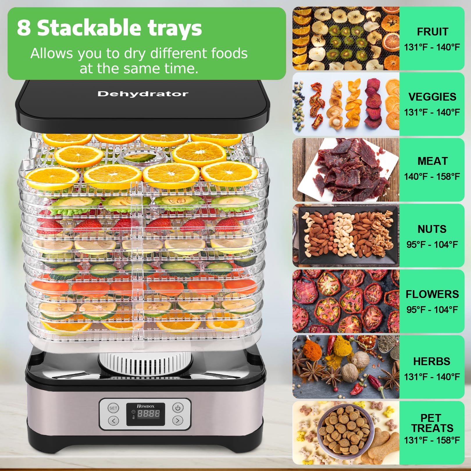 Homdox dehydrator eight trays stacked for efficient batch drying