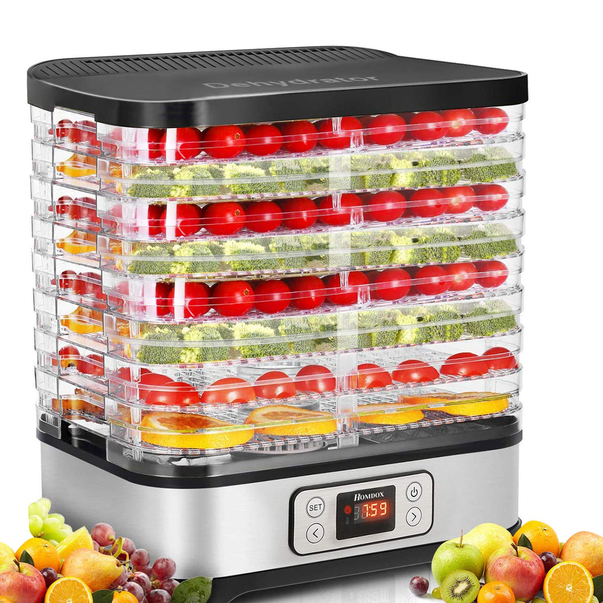 Homdox food dehydrator front view with eight trays for diverse drying