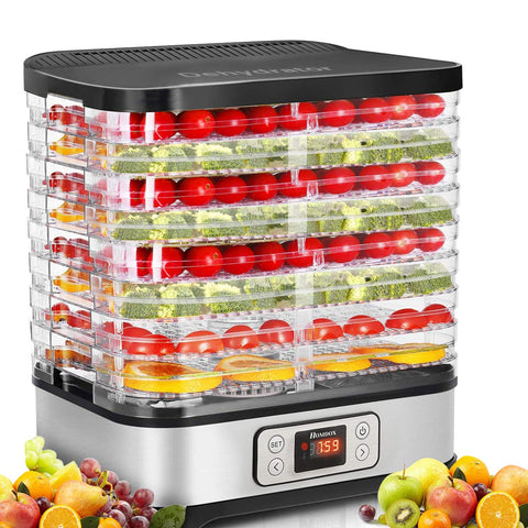 Homdox food dehydrator front view with eight trays for diverse drying