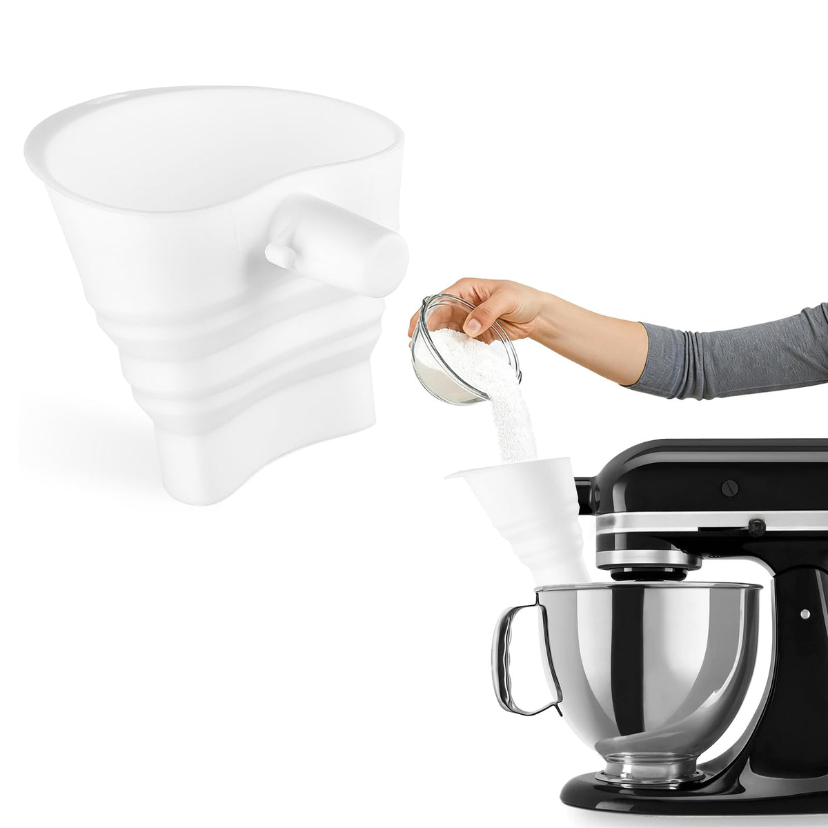 HOMDSG silicone flour funnel attached to KitchenAid for easy, mess-free pouring.