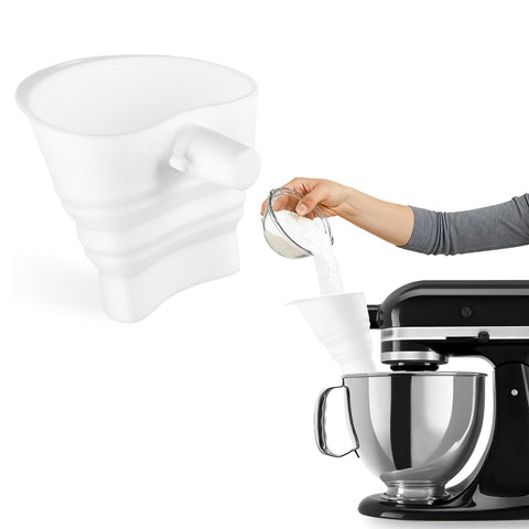HOMDSG silicone flour funnel attached to KitchenAid for easy, mess-free pouring.