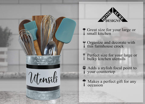 Home Acre Designs farmhouse caddy in black and white keeps utensils organized.