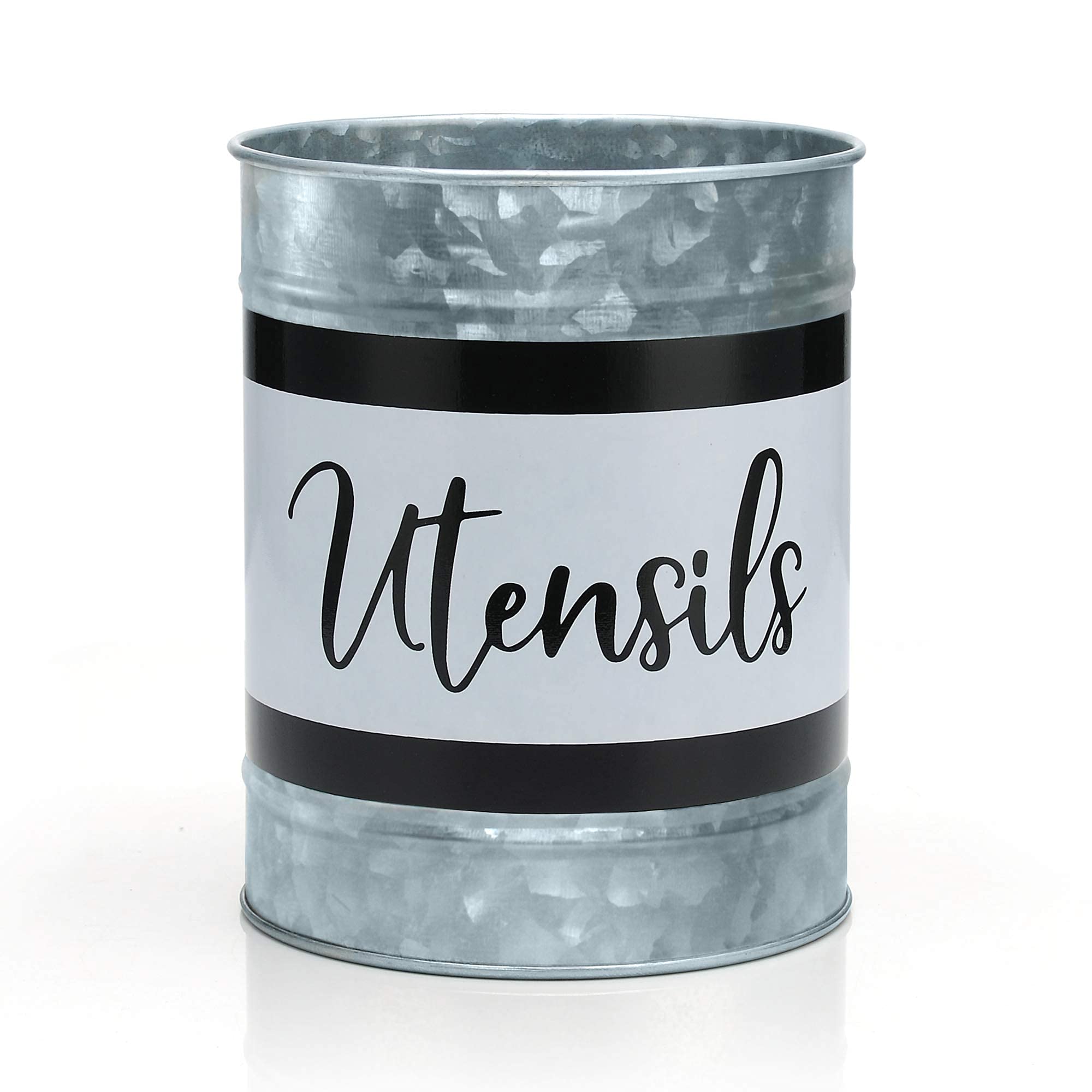 Home Acre Designs utensil holder on countertop, galvanized finish keeps spatulas organized.