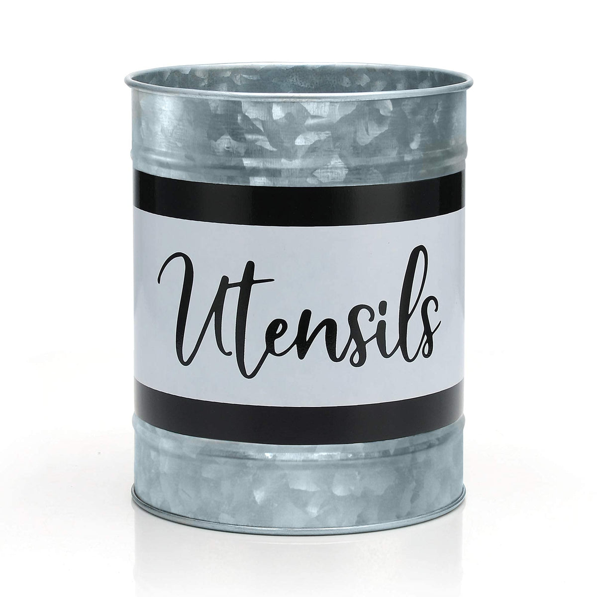 Home Acre Designs utensil holder on countertop, galvanized finish keeps spatulas organized.