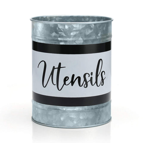 Home Acre Designs utensil holder on countertop, galvanized finish keeps spatulas organized.