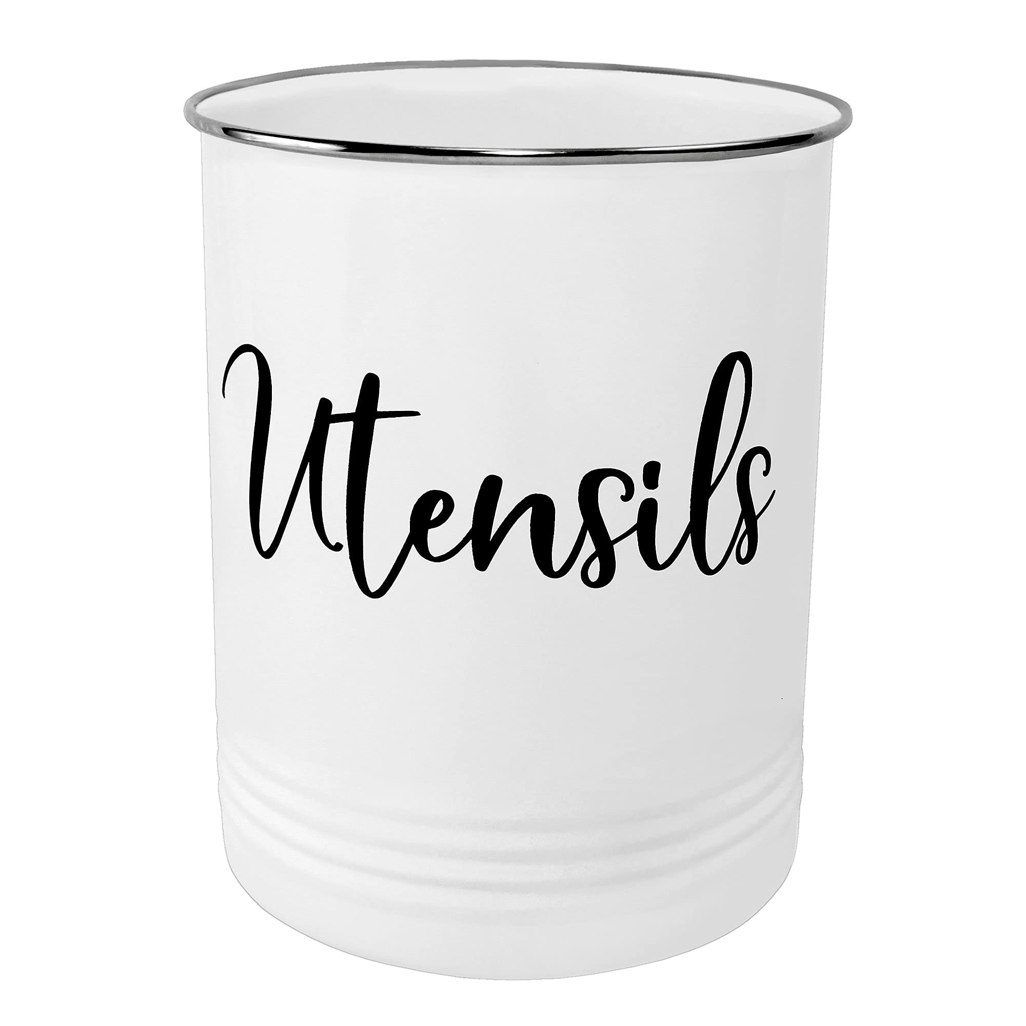 Home Acre Designs utensil holder with white body and stainless rim for easy counter access