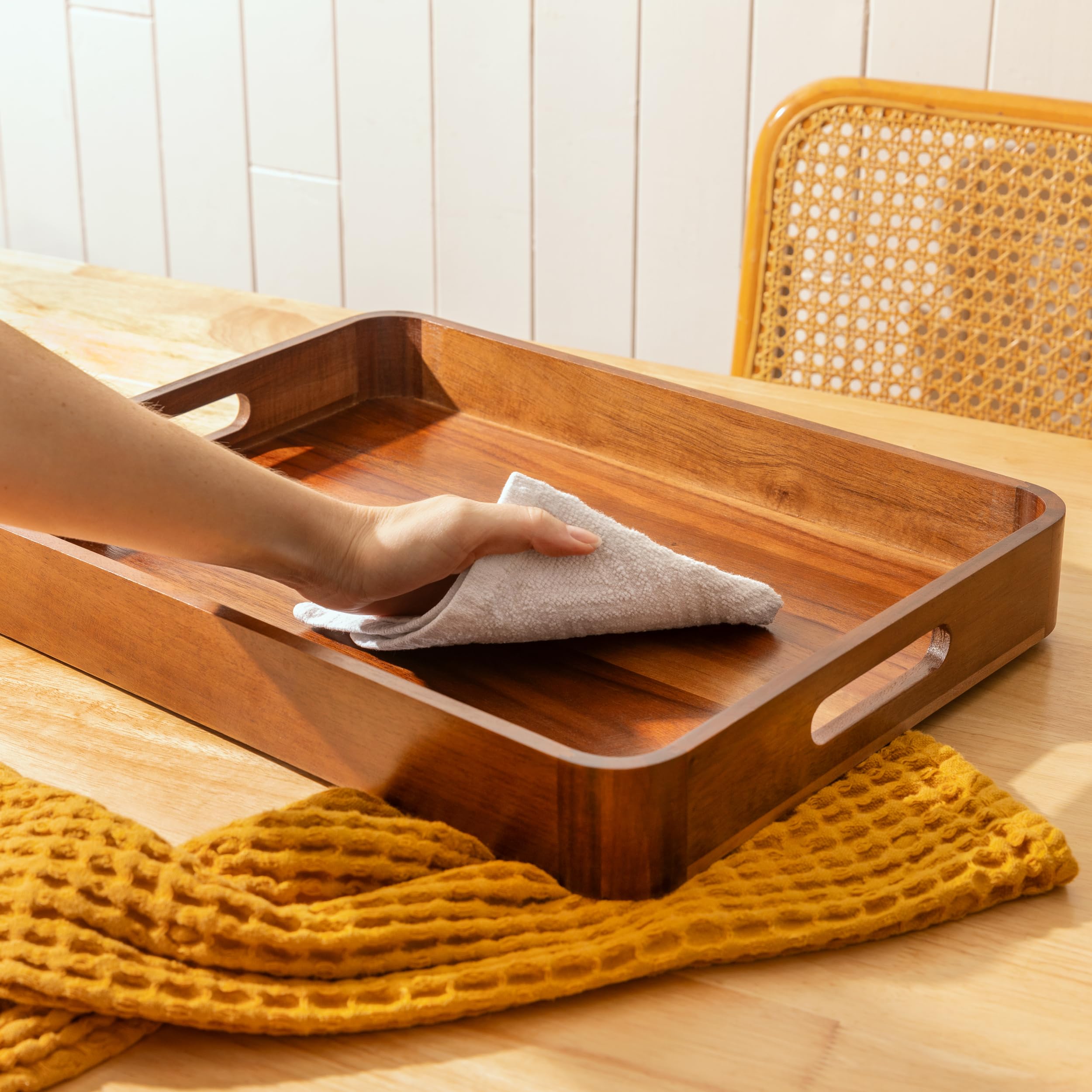 Home Beets Acacia serving trays in a kitchen-dining display.