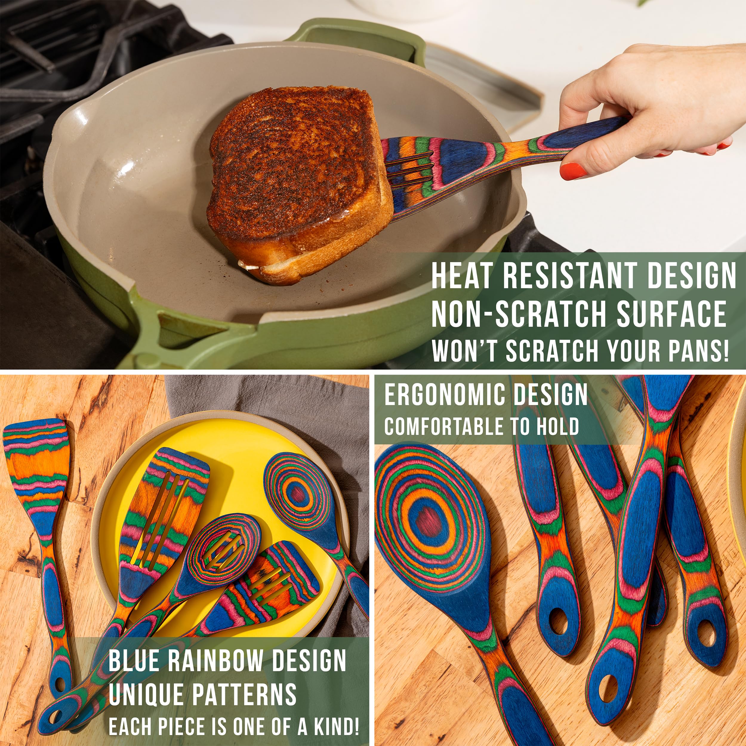 Home Beets Pakka wood spatula in blue rainbow for non-stick friendly flipping.