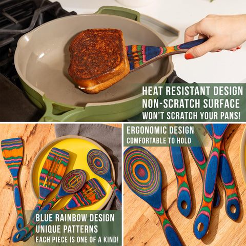 Home Beets Pakka wood spatula in blue rainbow for non-stick friendly flipping.