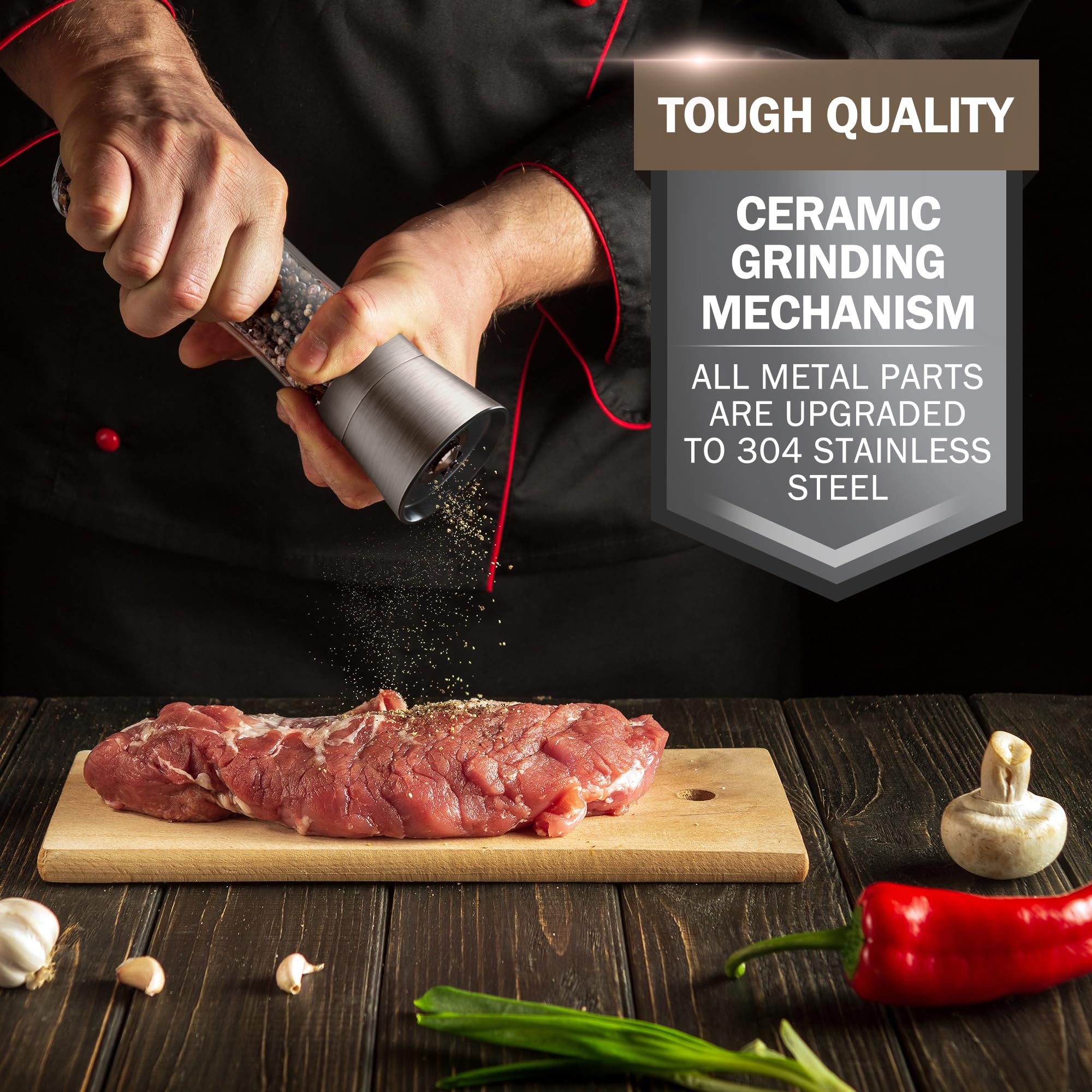 Home EC six ounce capacity grinders for fewer refills during meals.