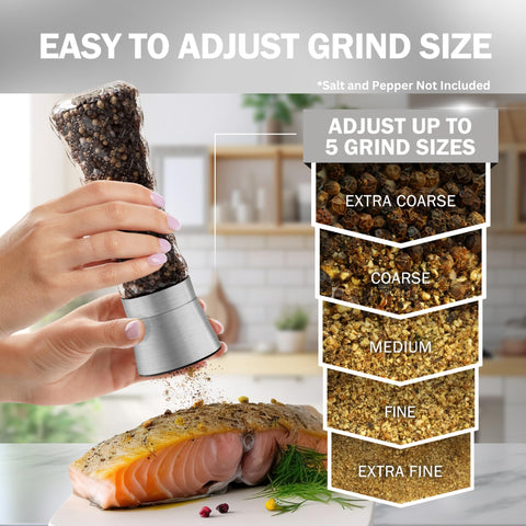 HOME EC adjustable ceramic grinder close-up highlighting coarseness dial.