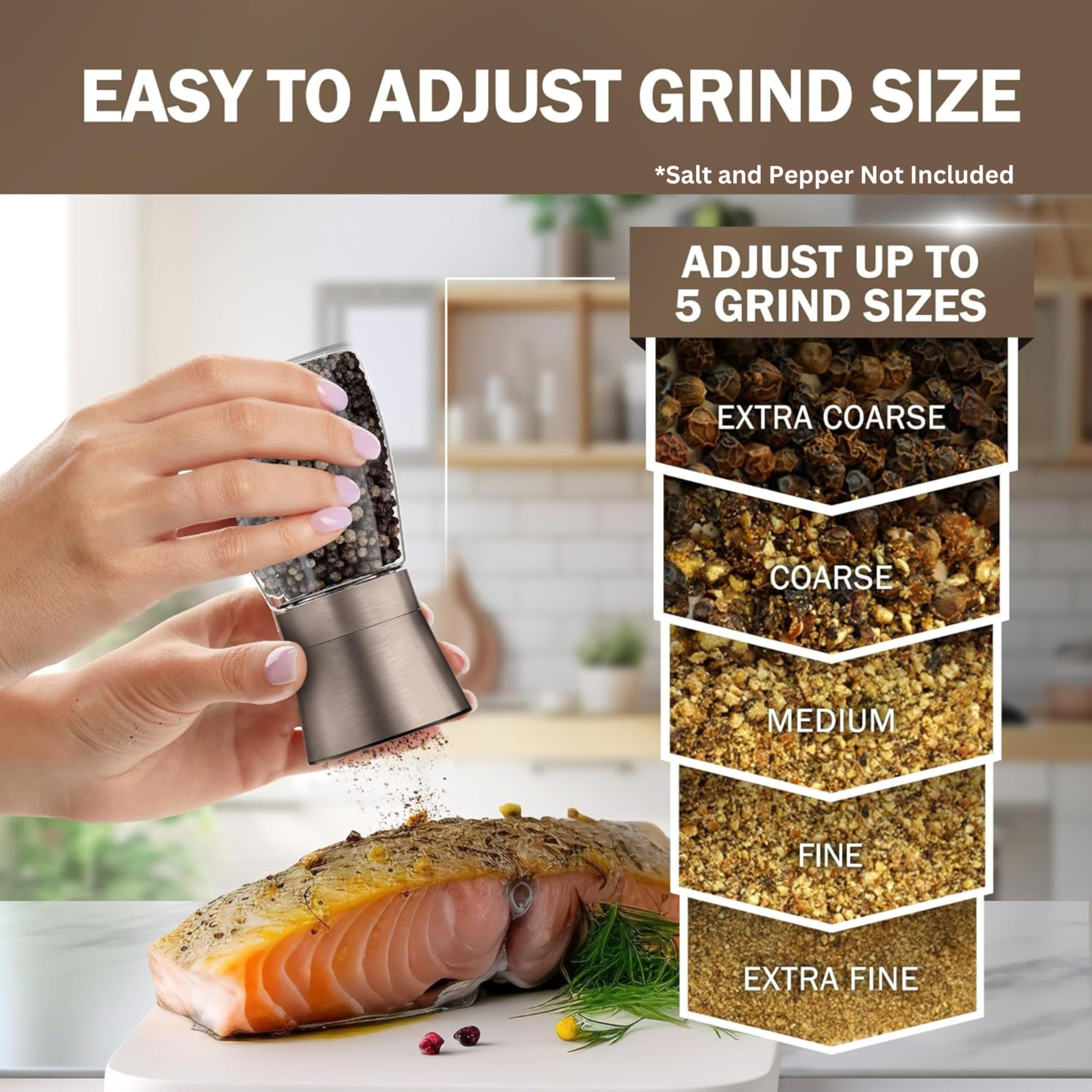 Home EC glass bottle with brushed stainless steel lid illustrating freshness and spill-free pouring.